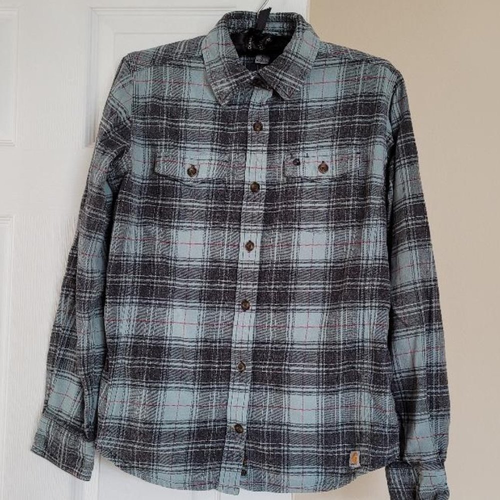 Carhartt Women Teal Plaid Flannel Shirt Small 4-6